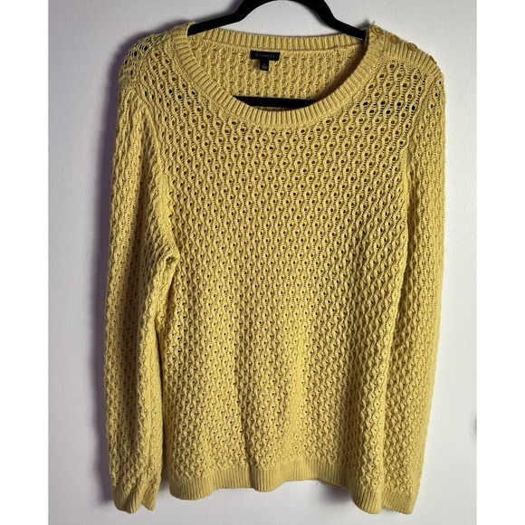Talbots Sweaters - TALBOTS Yellow Gold Sweater Sz L Open Crochet Button Shoulder Soft Lambs Wool